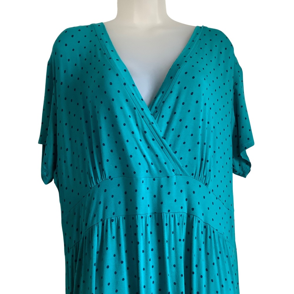 LL Bean Teal Polka Dot Surplice Maxi Dress Womens 2X Short Sleeve Jersey 501479